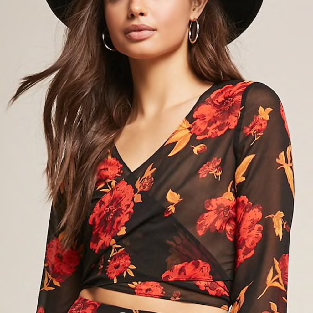 Forever21 Sheer Floral Tie-Front Crop Top